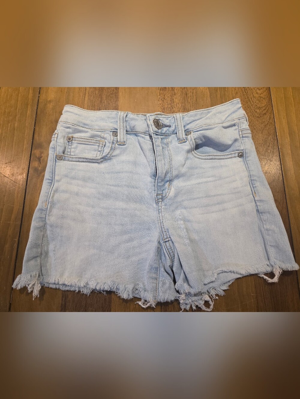 American Eagle Hi-Rise Shortie Denim Jean Shorts Sz 4 Distressed Hem